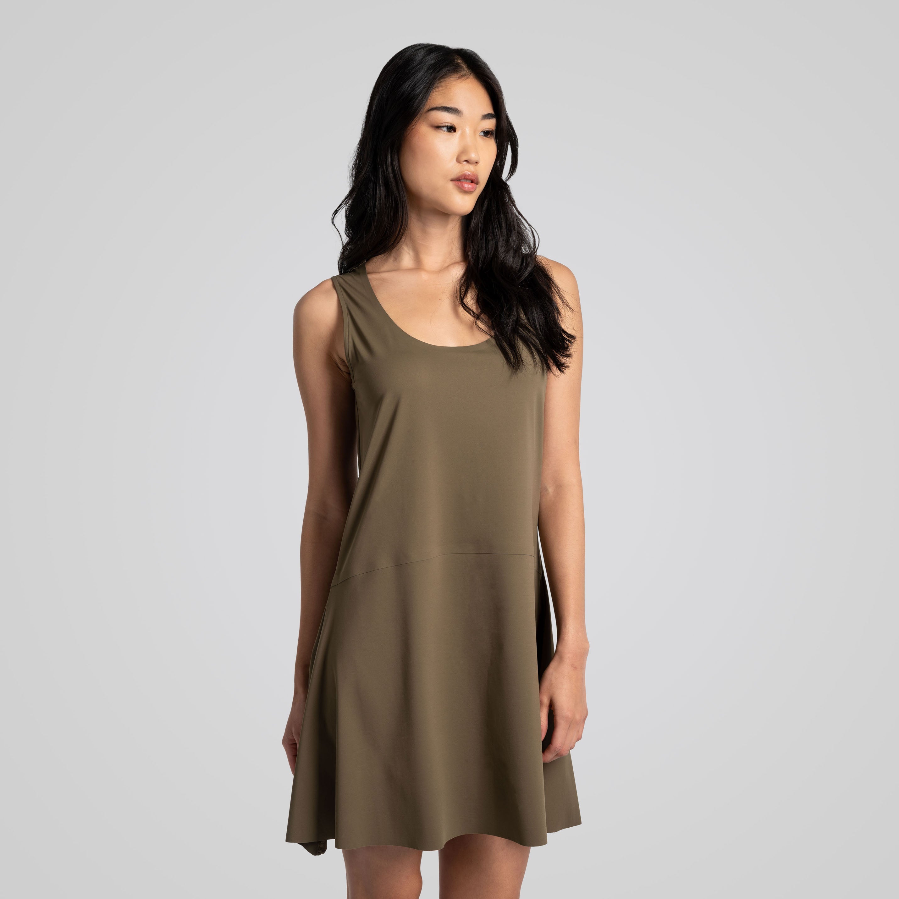 khaki fit and flare dress LOTSLUV Women's Loose Fit Ruched Puff Sleeve Round Neck Flare Dress, Khaki Green, Spring/Summer Brunch Elegant,Casual Dresses For Women